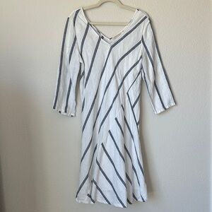 Soft Surroundings Linen Blend Striped Midi Dress White Navy V-Neck Size M